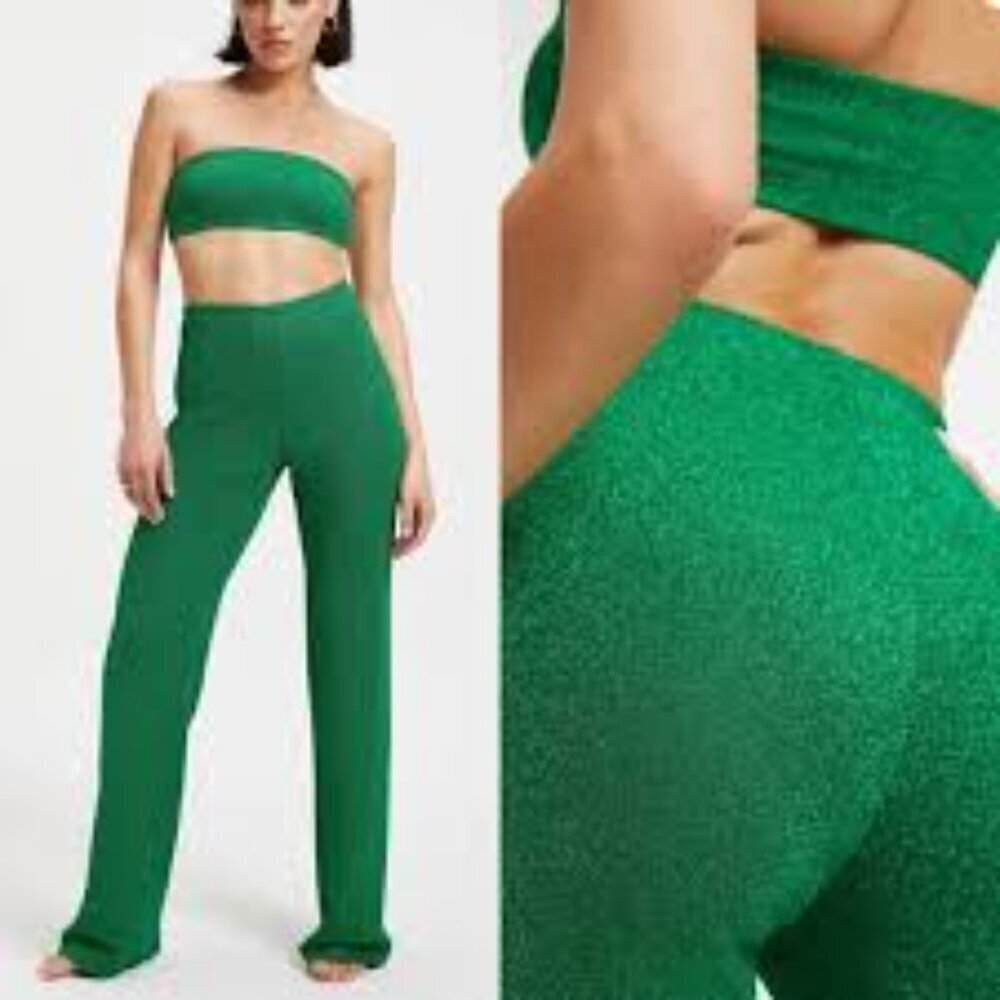 Good American Swim Cover Up Sparkle Green Wide Leg Pants size 0 beach retro